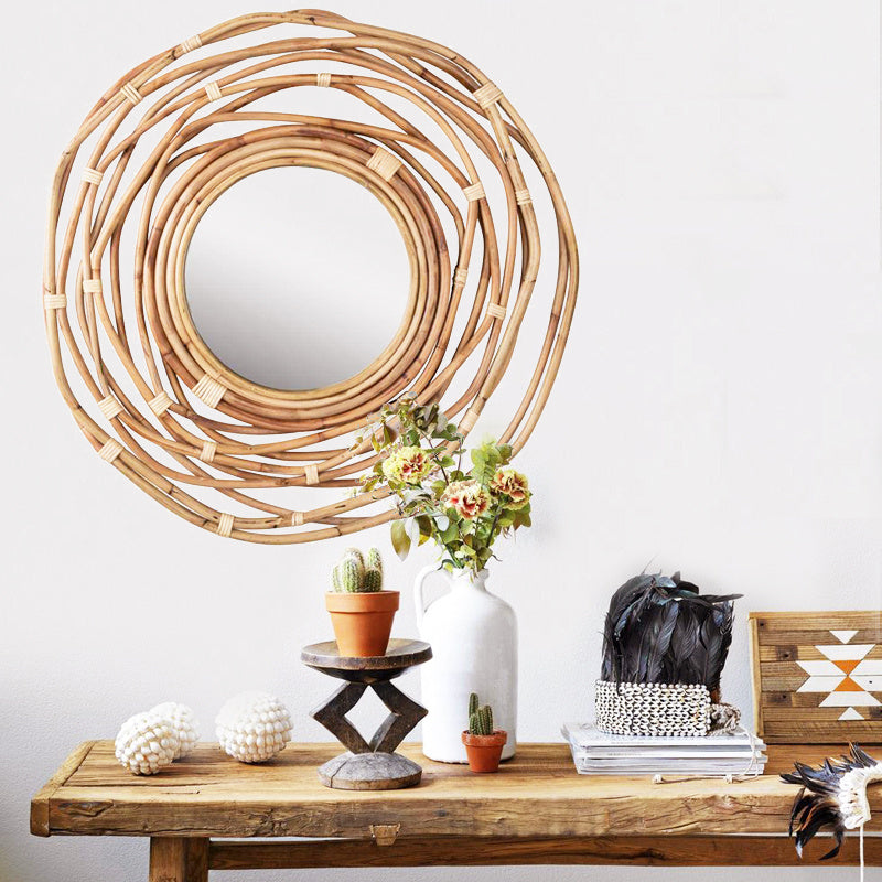 Solstice Mirror – Miroir Rond en Rotin et Bambou Tressé à la Main