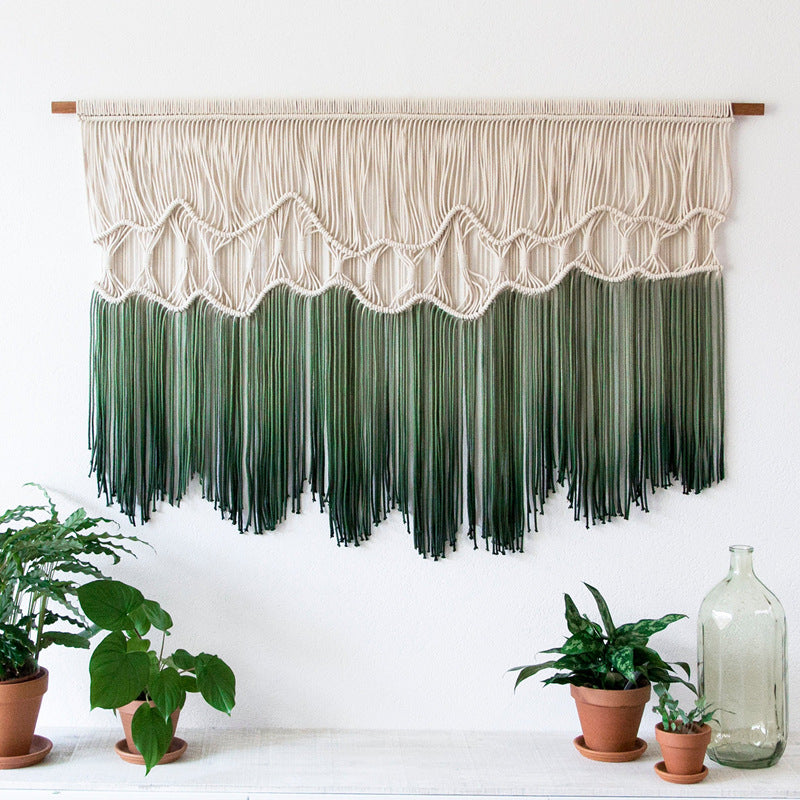 Handmade Gradient Cotton Wall Tapestry – Green Dip-Dyed Macramé Art